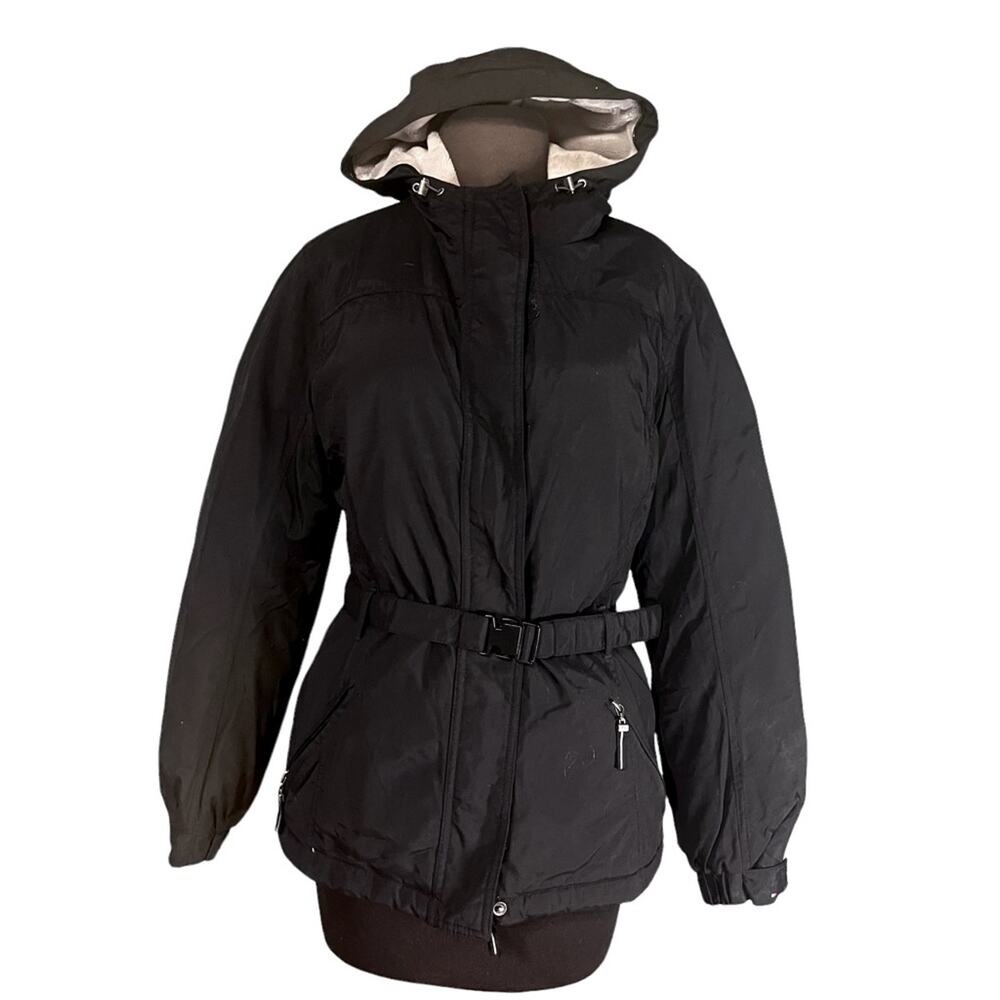 Y2K Tommy Hilfiger Black Down Feather Black Hooded Belted Puffer Snow Coat S